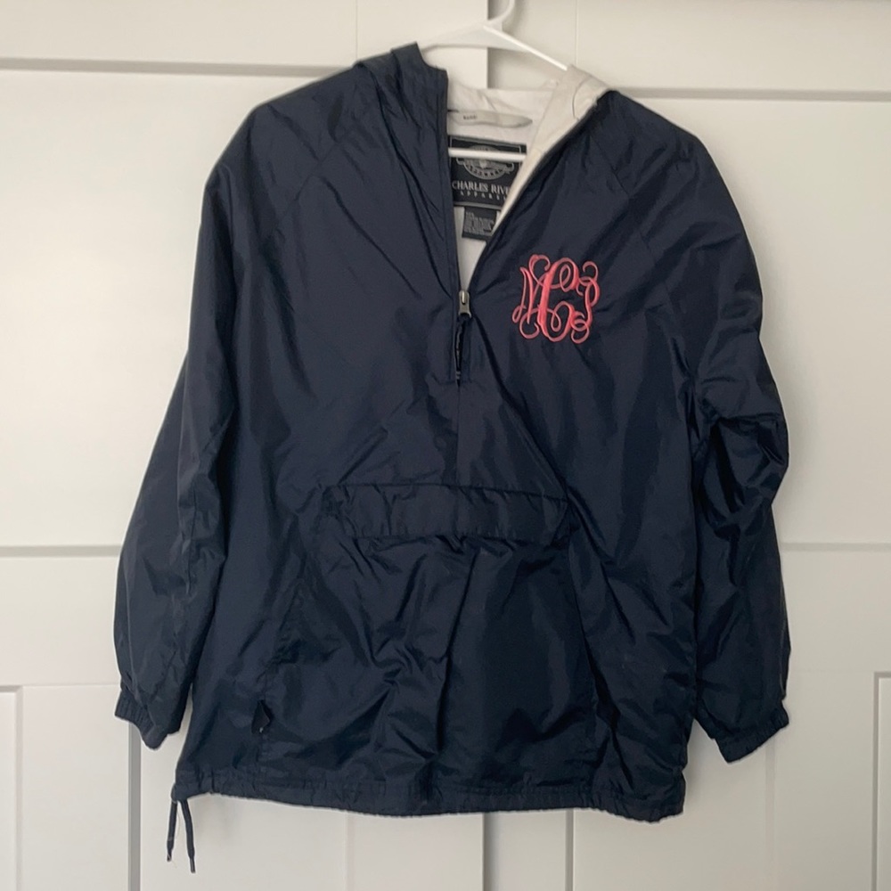 Navy Charles River Apparel quarter zip rain jacket with pink MPC monogram